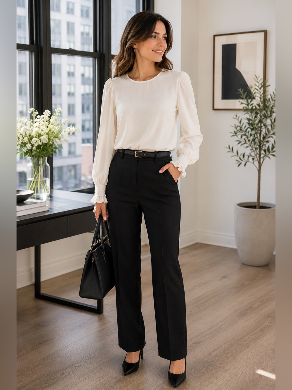 NWT J.Crew Factory Ivory Smocked Cuff Blouse Medium Puff Sleeve Work Office Top - Picture 2 of 13